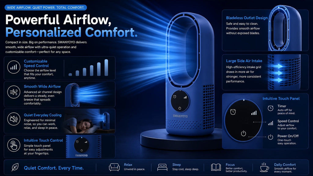 Portable Bladeless Fan USB Tower Fan, Desktop Air Conditioner Fan with Water Mist Cooling, Remote Control, Touch Screen, 7-Color LED Ambient Light and Timer, Personal Cooling Fan for Office, Travel, Camping, Home