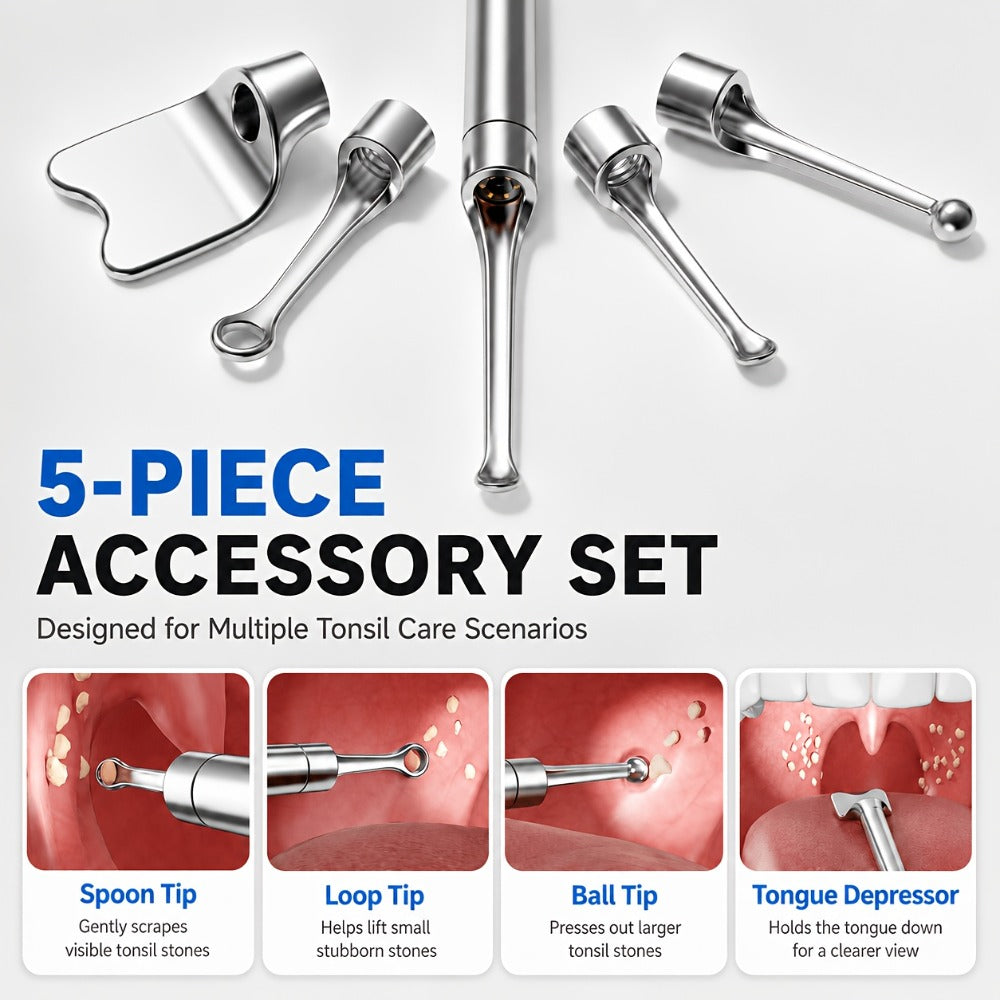 Tonsil Stone Remover with Camera - 1080P HD Visual Tonsil Stone Removal Tool with LED Light, 5-in-1 Stainless Steel Tips, Wi-Fi App Control, USB-C Rechargeable, Compatible with iOS & Android