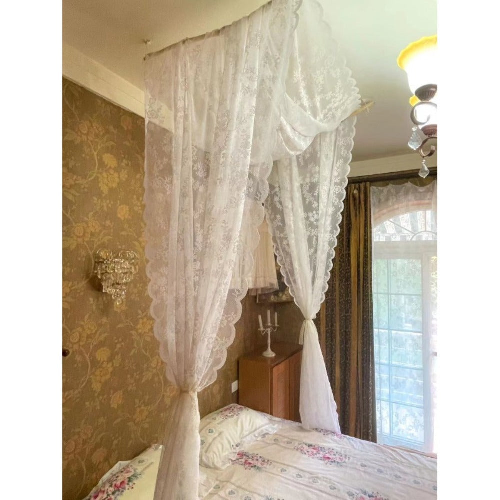 Lace Bed Canopy Mosquito Net ¨C Bohemian Romantic Sheer Bed Curtain for Bedroom, Hotel & Morocco Style Decor | Elegant White Princess Bed Drape for Twin, Full, Queen & King | 57x236 Inch