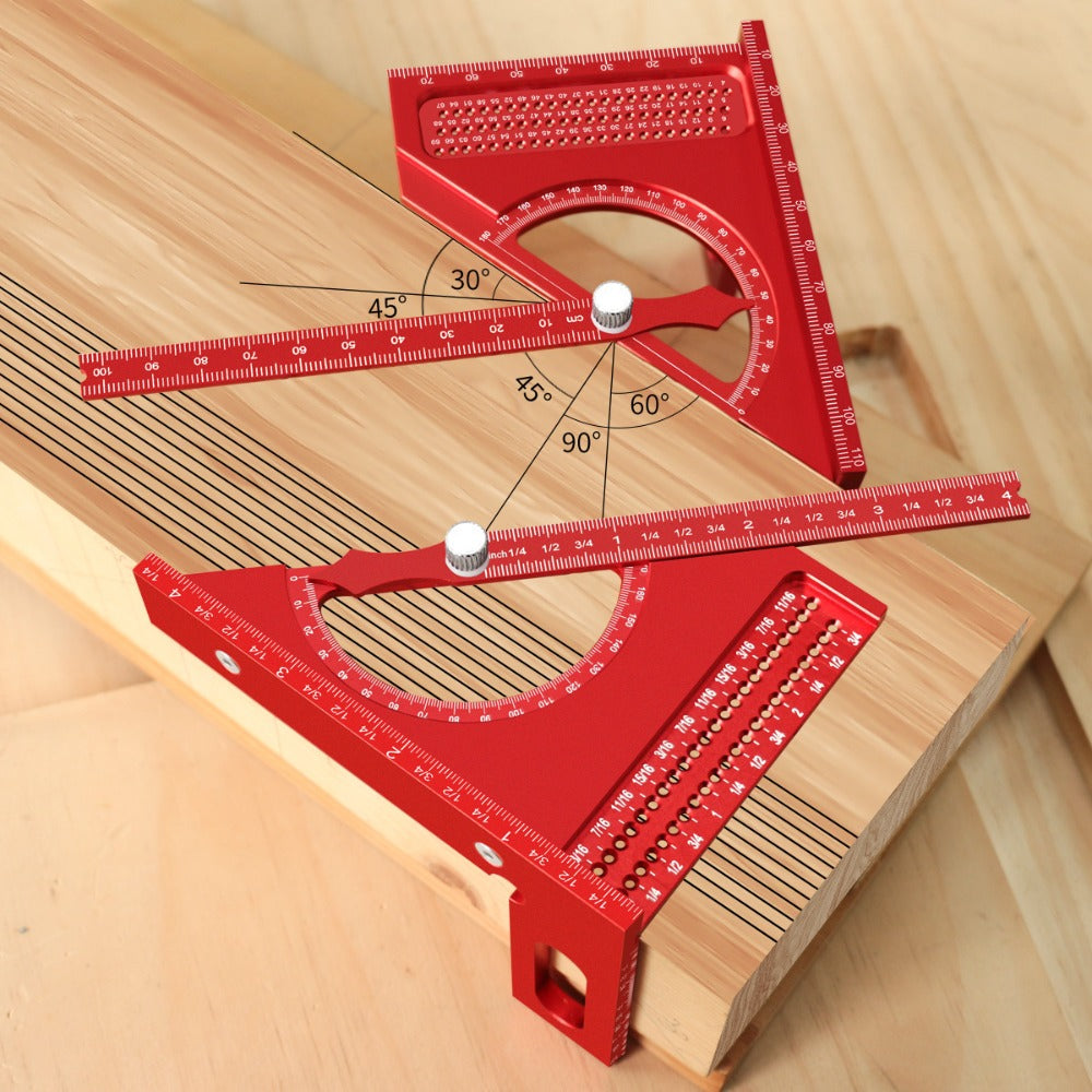 Adjustable 3D Carpentry Square Set 180¡ã Rotating Aluminum Alloy Triangle Ruler T-Square with Scribing Holes Red Black Markings Woodworking Measurement Tool