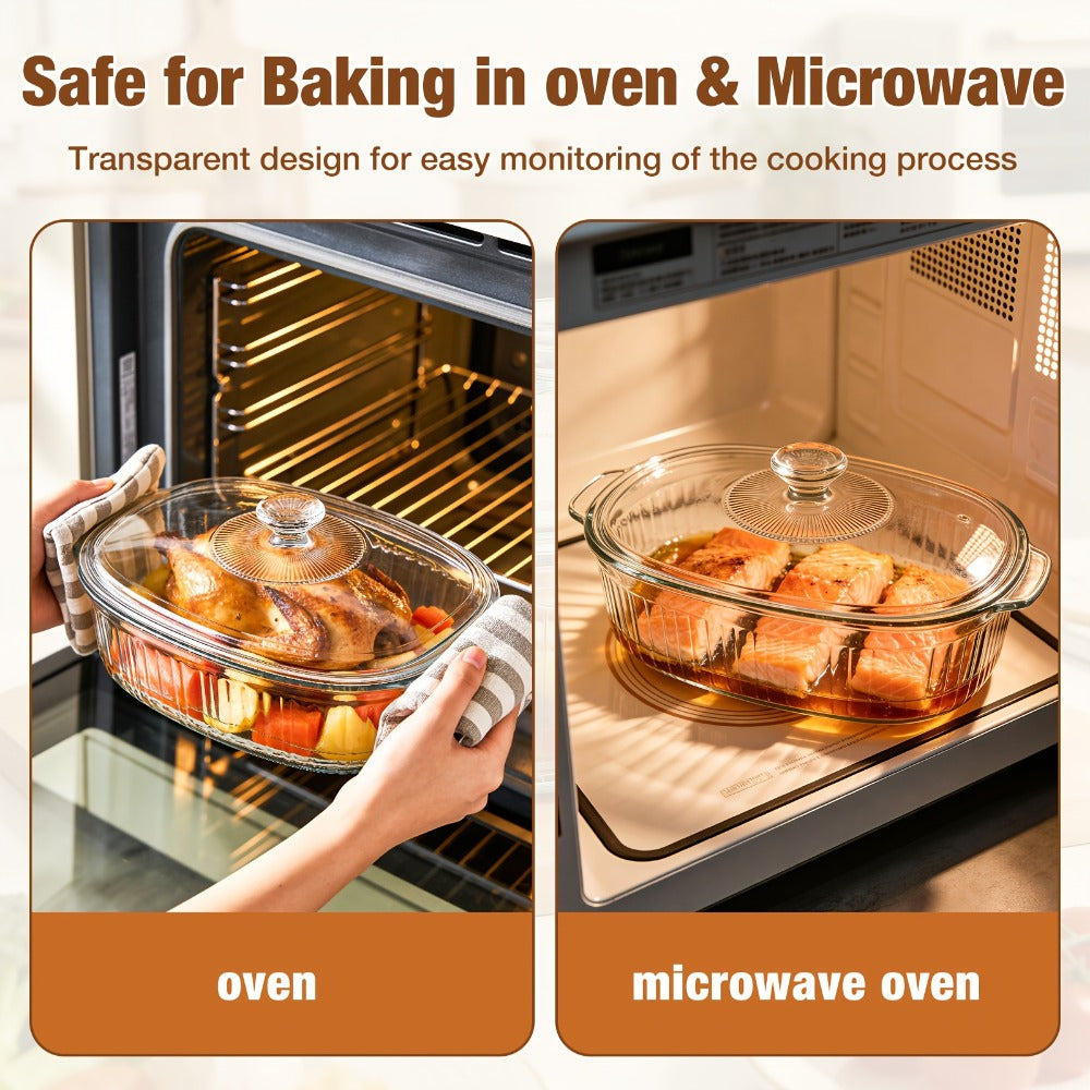 Borosilicate Glass Baking Dish with Lid 96oz ¨C Oval Casserole Pan Microwave Oven Fridge Safe | Multi-Use for Baking, Meal Prep, Grilled Fish, Salad & Food Serving | Kitchen Bakeware with Cover