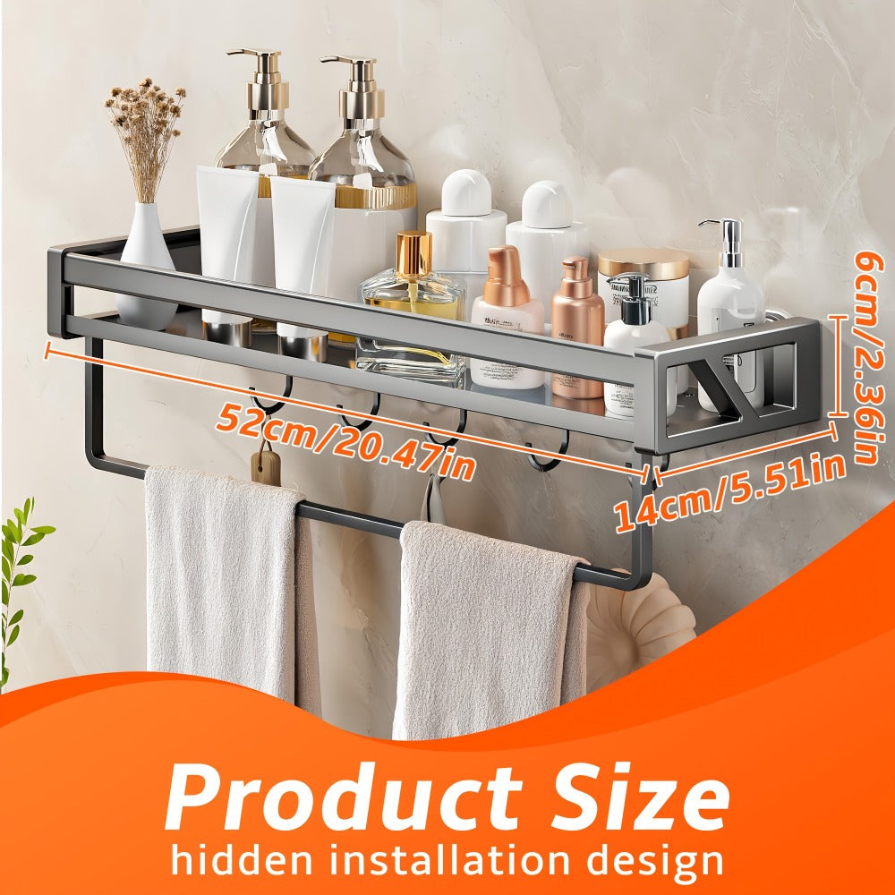 Suction Cup Shower Caddy with Towel Holder Bar, Wall-Mounted Bathroom Shelf Organizer for Shampoo Soap, Heavy-Duty Floating Shower Shelves, Strong Adhesive No Drilling