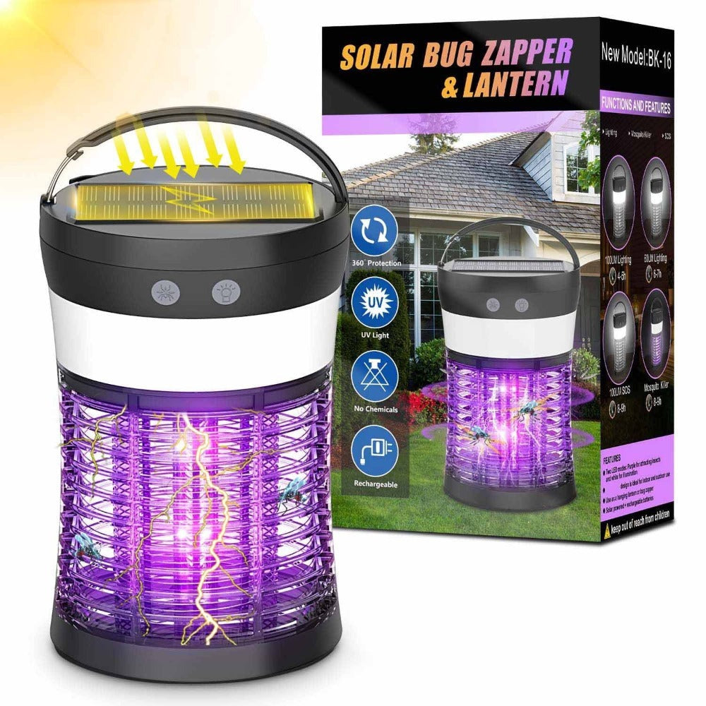 Solar Bug Zapper Electric 3-in-1 ¨C 3000V UV 365nm Mosquito Killer Rechargeable Insect Fly Trap with White Light & Flashlight, 2100 Sq Ft Coverage for Indoor Outdoor Home Patio Backyard Camping ¨C Black