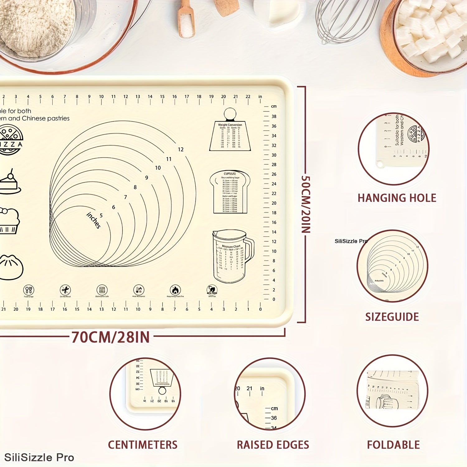 Silicone Pastry Mat Extra Thick Non-Slip Baking Mat with Measurements for Dough Rolling Pizza Cake