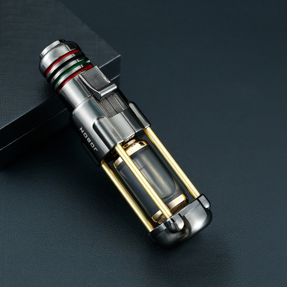 Butane Torch Lighter Windproof Jet Flame Zinc Alloy Refillable ¨C Visible Fuel Tank, Adjustable Blue Flame, Rocket Design for Camping, BBQ, Cigar & Outdoor Use, Grey & Golden (No Butane Included)