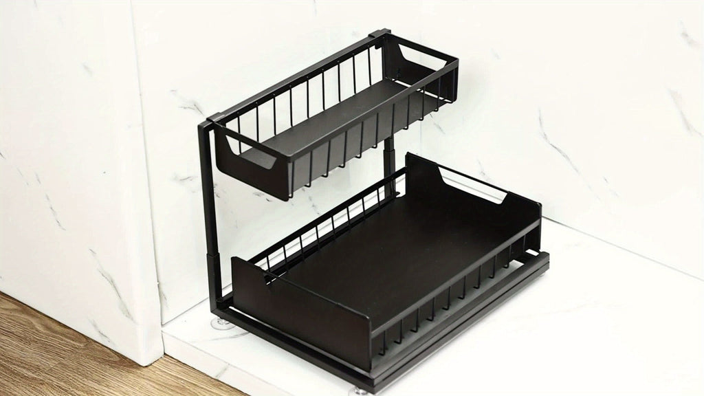 Under Sink Organizer 2-Tier Sliding Pull-Out Metal Rack Cabinet Storage for Kitchen Bathroom Refrigerator Adjustable Shelf Organizer in Black White Gray