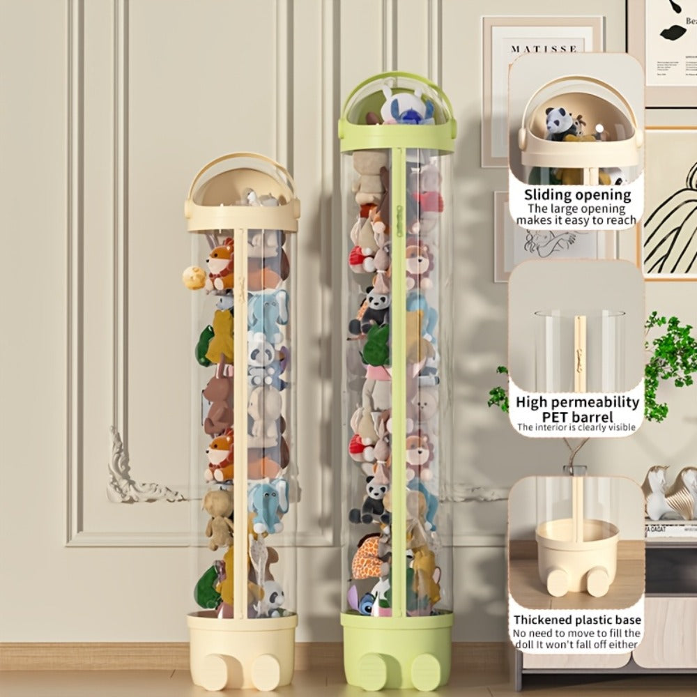 Stuffed Animal Storage Bin Transparent Cylindrical with Zipper ¨C Large Plush Toy Organizer for Kids Bedroom Living Room ¨C Clear Doll Storage Bag Easy Assembly