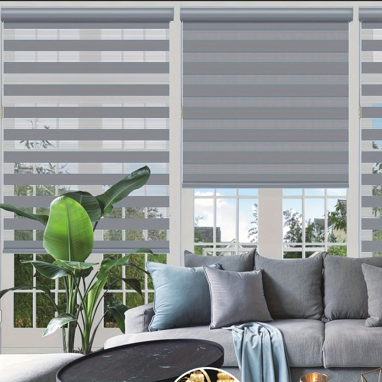 Cordless Zebra Roller Shade with Valance ¨C Day Night Window Blind, Light Filtering Dual Layer Window Treatment Mesh Opaque Fabric