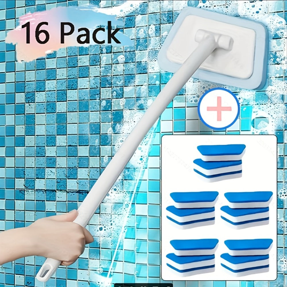 Long Handle Sponge Brush Set with Replaceable Heads for Kitchen Bathroom Tile Bathtub Cleaning ¨C 1 Handle + 6/10/15 Brush Heads, Thickened Durable Scrubber