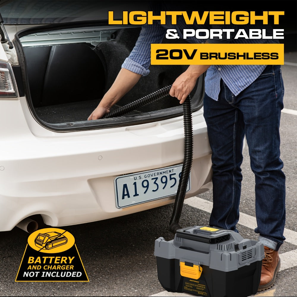 Cordless Wet Dry Vacuum 20V 2 Gallon - Powerful Suction Compatible with DeWalt 20V Batteries Long Hose 4 Nozzles Replacement Cartridge | Tool Only | Home Car Workshop Garage Cleaning