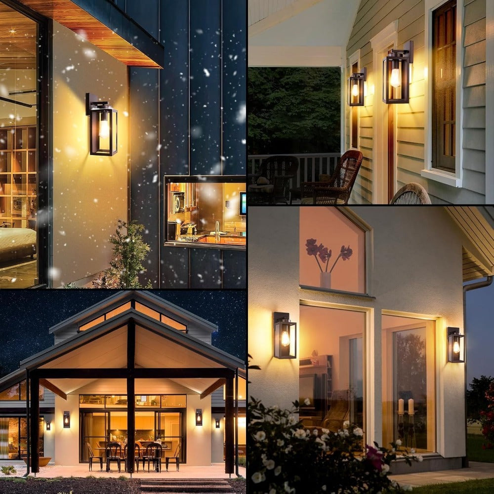Outdoor Wall Light with Outlet 2-Pack - Modern Exterior Porch Wall Sconce Lighting Fixture for Front Door, Garage & Patio, Weather Resistant, Black & Oil-Rubbed Bronze Finish