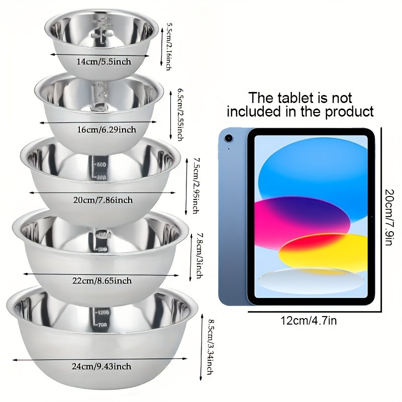 Stainless Steel Mixing Bowl Set 5-Pack with Measurement Markings for Kitchen Cooking Baking Salad Vegetable Washing Fruit Serving & Meal Prep ¨C Stackable Nesting Bowls