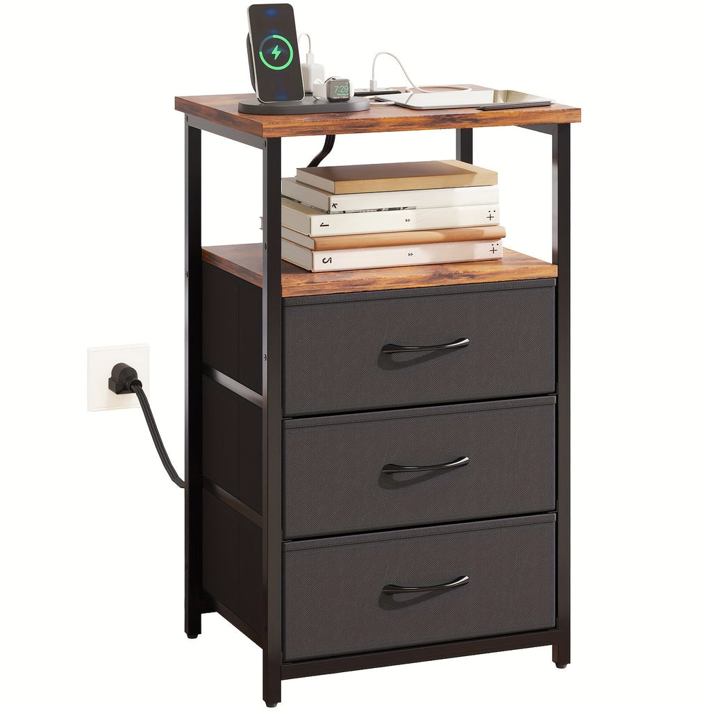 Nightstand with Charging Station & USB Port | 3-Drawer Bedside Table with LED Light, Heavy Duty End Table for Bedroom, Dorm & Small Spaces