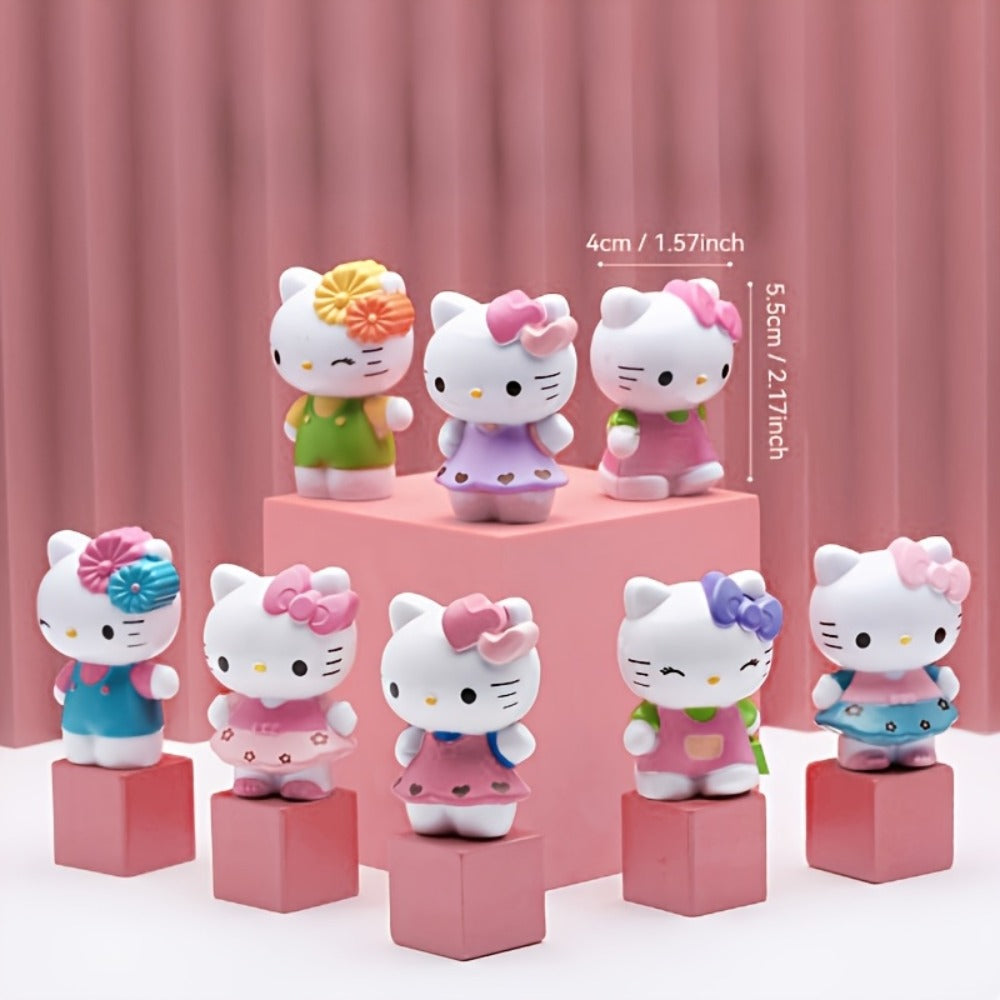 KT Cat Mini Figurine Set 8pcs | Cute Anime Desktop Ornaments Collectible Dolls | Car Dashboard Home Office Decor Gift for Birthday Valentine's Day Halloween Christmas