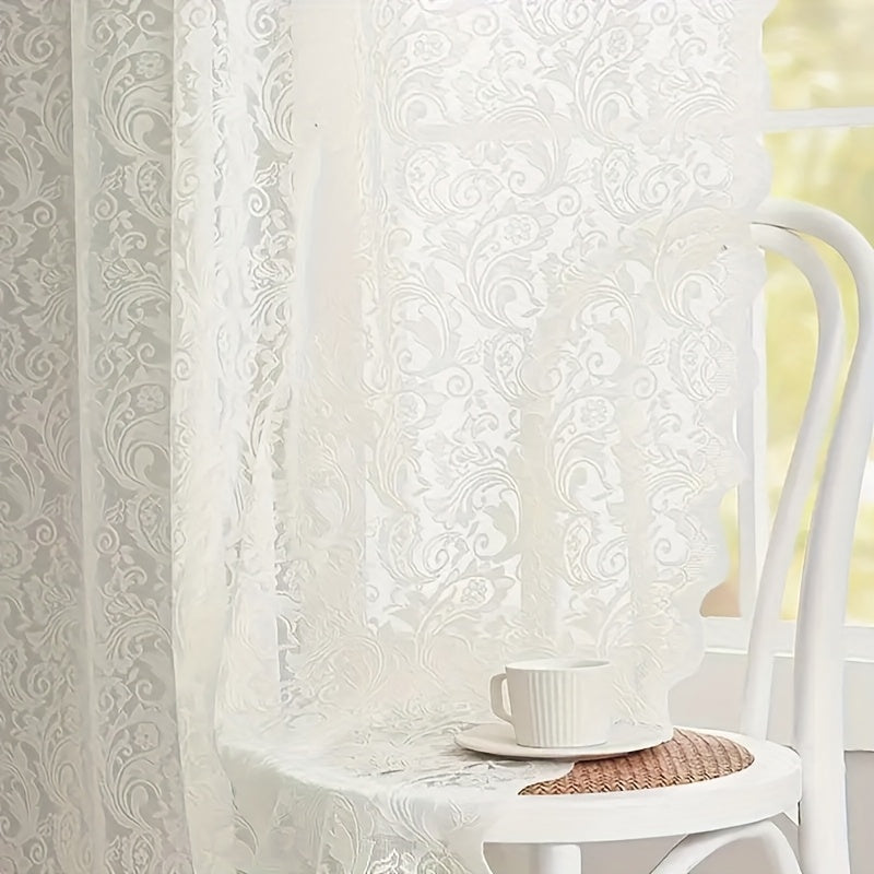 Sheer Curtain Rod Pocket Floral Lace Semi-Sheer Window Panel for Living Room Bedroom Kitchen Bathroom, 100% Polyester, Machine Washable, White Light Green Coffee
