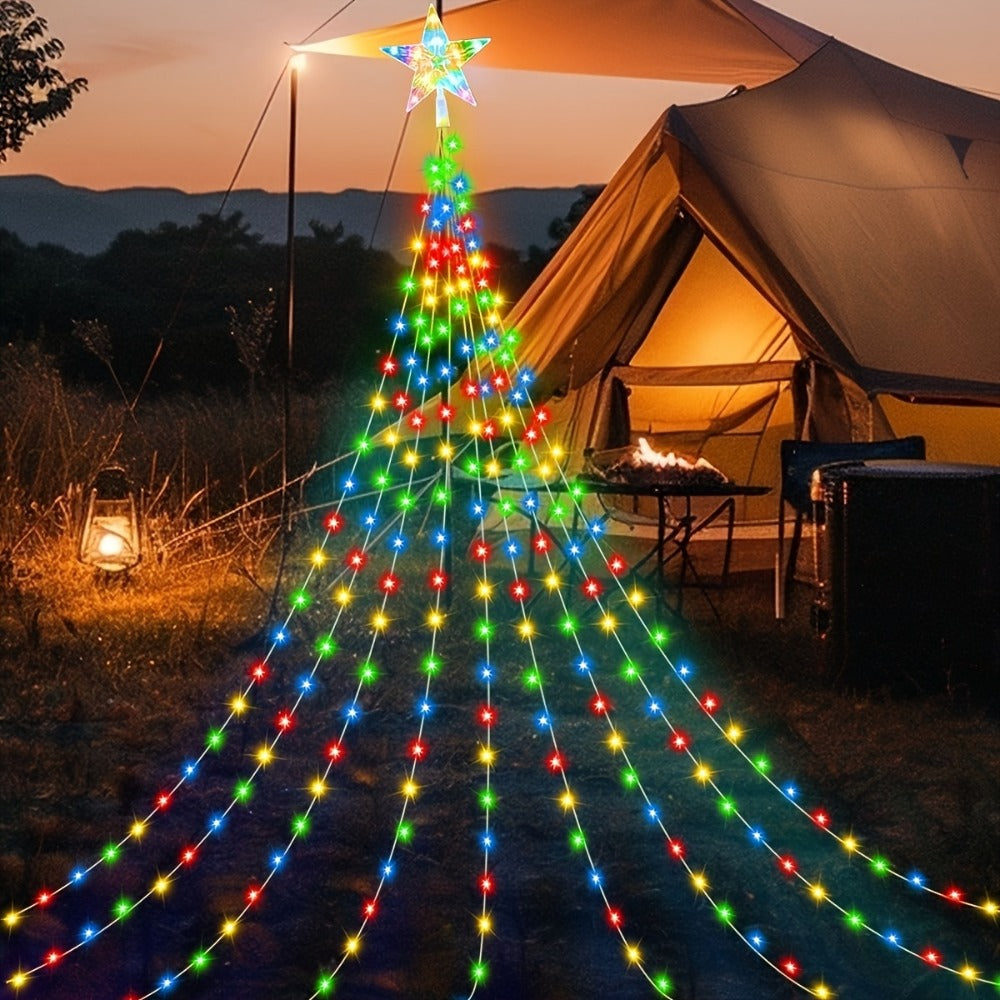 Christmas Tree Waterfall Fairy Lights 200 LED with Star Top Decoration, 8 Lighting Modes ¡ª Battery, Solar & USB Powered Indoor Outdoor Colorful Cascading Holiday Light Strip