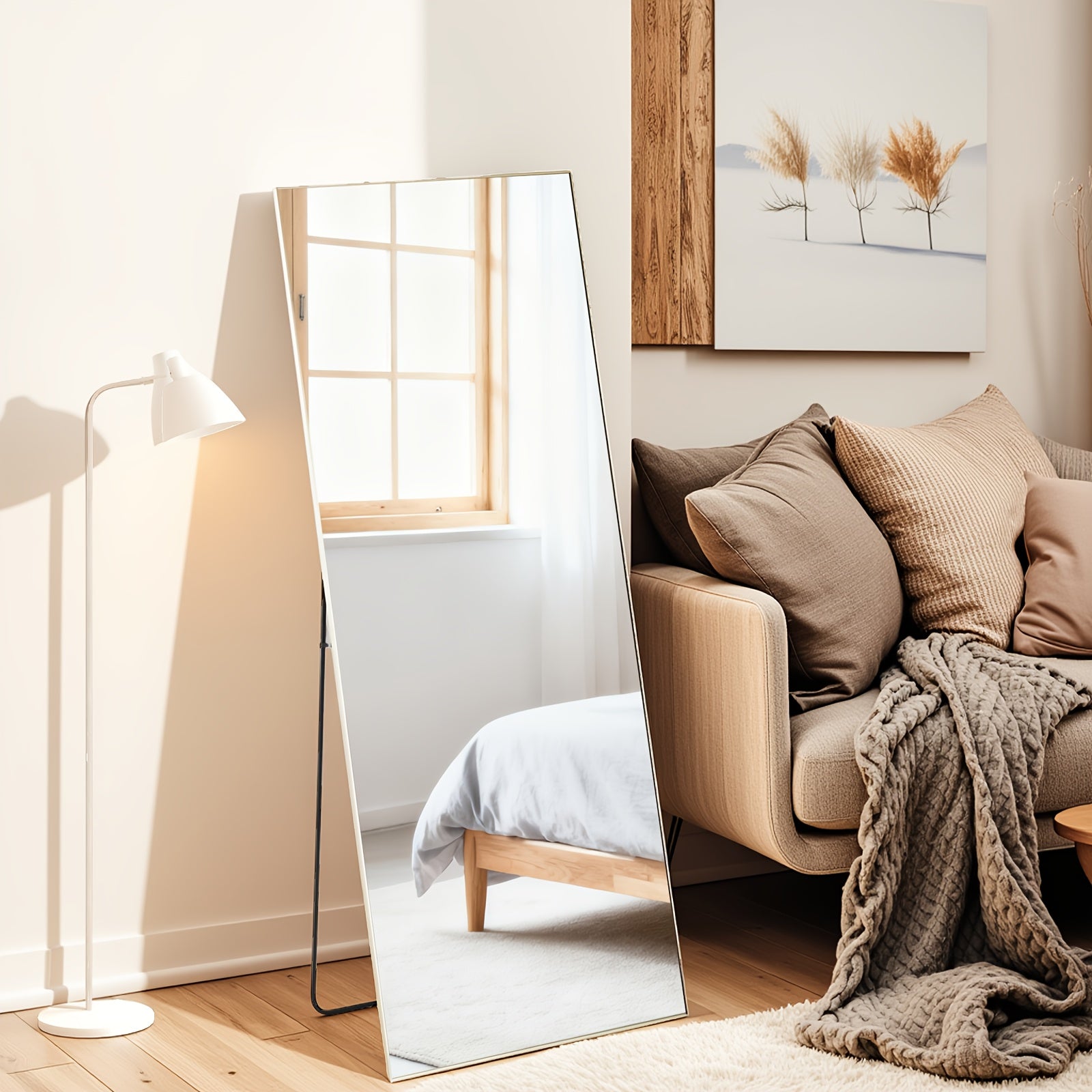 Full Length Mirror Floor Standing, Arched & Rect Body Mirror with Stand, Hanging or Leaning Wall Mirror, Aluminum Alloy Thin Frame for Bedroom Hotel Bathroom