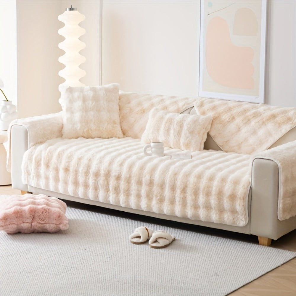Faux Rabbit Plush Sofa Cover Winter Warm Thickened Anti-Slip Pet Friendly Cushion Protector for Living Room Bedroom Office 1 2 3 4 Seater