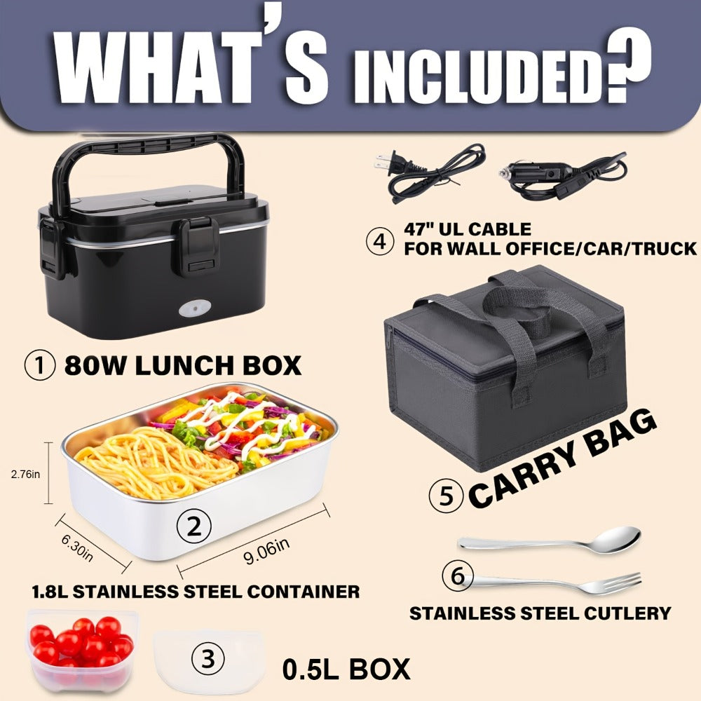 Electric Lunch Box Portable Food Warmer 60oz ¨C 110V Home & 12V/24V Car Heated Meal Container, Stainless Steel, Leak-Proof with Insulated Bag & Fork for Office, Truck, Travel & Camping