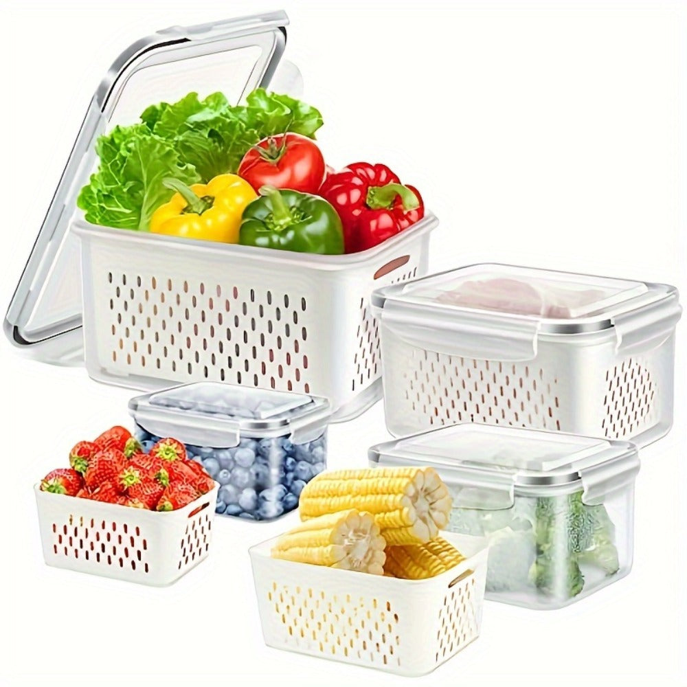 Food Storage Containers Set 6pcs BPA Free Plastic with Drain Baskets and Lids Leak Proof Freezer Safe Reusable for Fruits Vegetables Meal Prep Kitchen Organizer