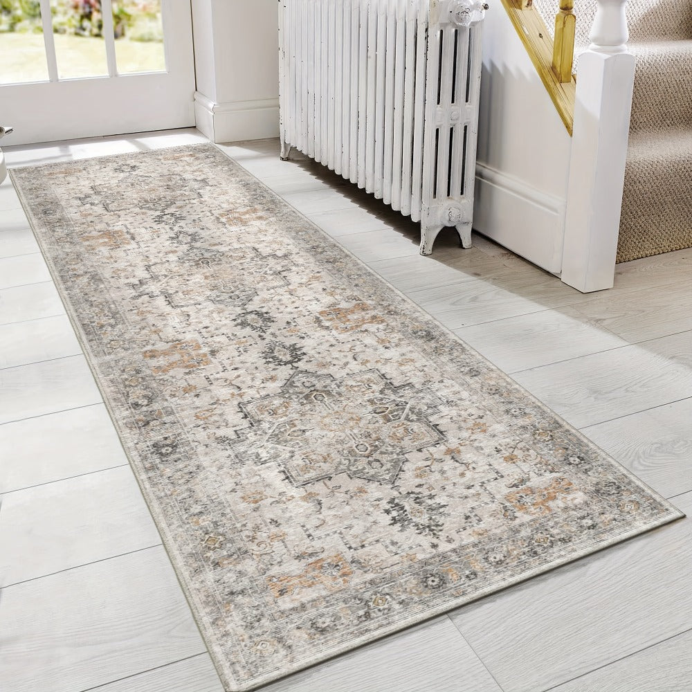 Vintage Chenille Area Rug Non-Slip Machine Washable ¨C Retro Print Lightweight Carpet for Living Room, Bedroom, Dining Area & Home Office ¨C Light Taupe Brown, 8 Sizes