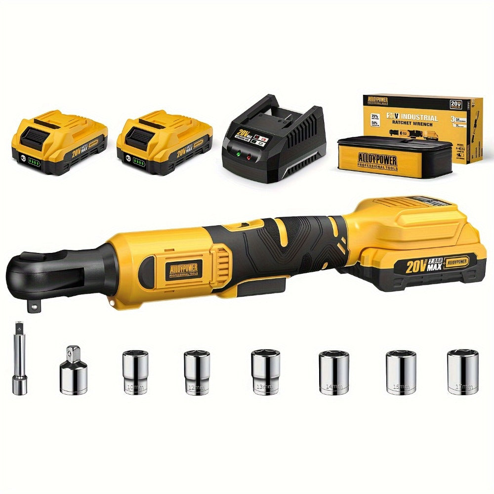 Cordless Ratchet Wrench Set 3/8 Inch 60FT-LBS 80Nm Electric Ratchet 2x20V Rechargeable Variable Speed LED Light 6 Sockets 1/4 Adapter 3 Inch Extension Rod Yellow