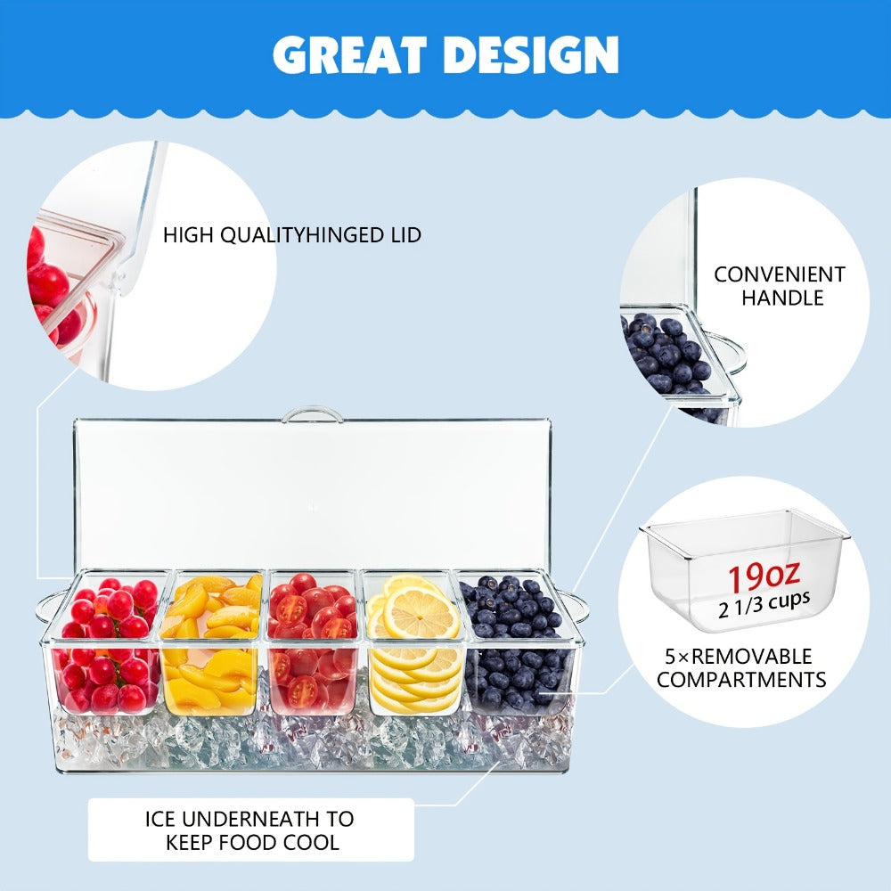 Condiment Caddy with Lid 5 Compartments Clear Serving Tray Bar Fruit Caddy Ice Tray Party Toppings Container Garnish Station
