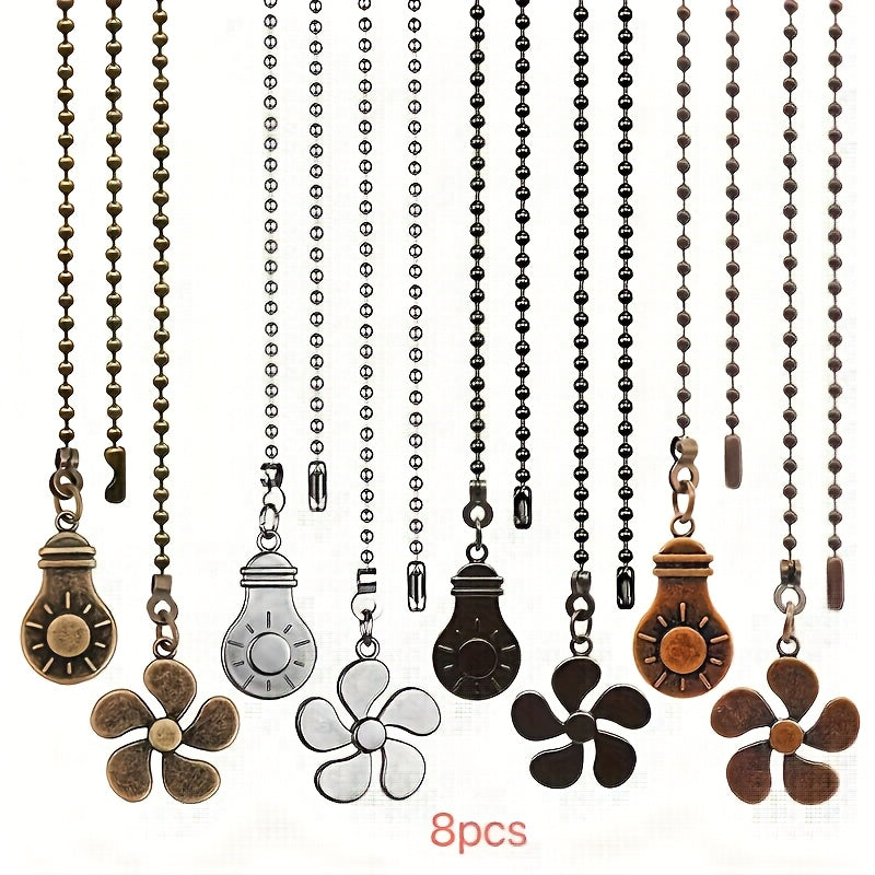 Ceiling Fan Pull Chain Extension Set of 8 - Decorative Bead Chain Pull Cord with Five-Leaf & Bulb Pendants, Iron Chain & Zinc Alloy, Bronze, Black, White, Red, Multi-Color, No Batteries Required