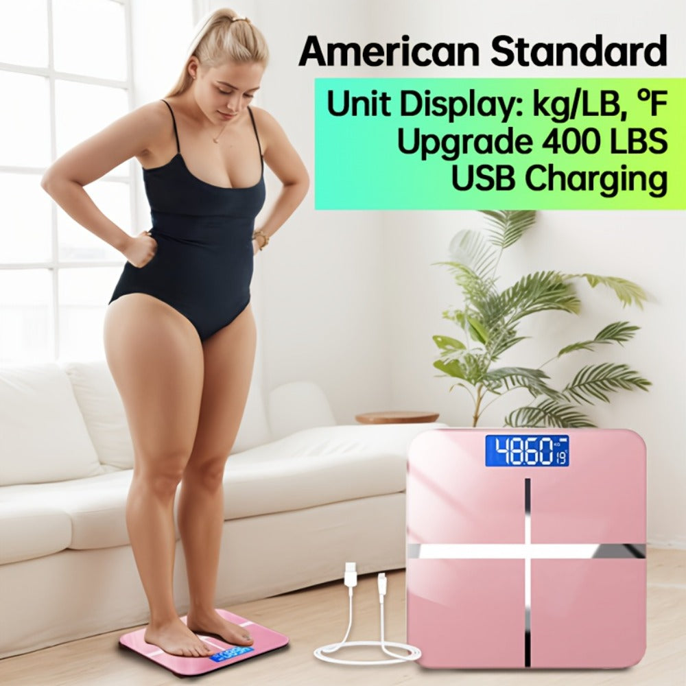USB Rechargeable Bathroom Scale 400lb ¨C Smart Digital Body Weight Scale, HD LCD & Fahrenheit Temperature Display, kg/lb Switch, Ultra-Wide Platform, USB Charging or Battery Powered, Black & Pink