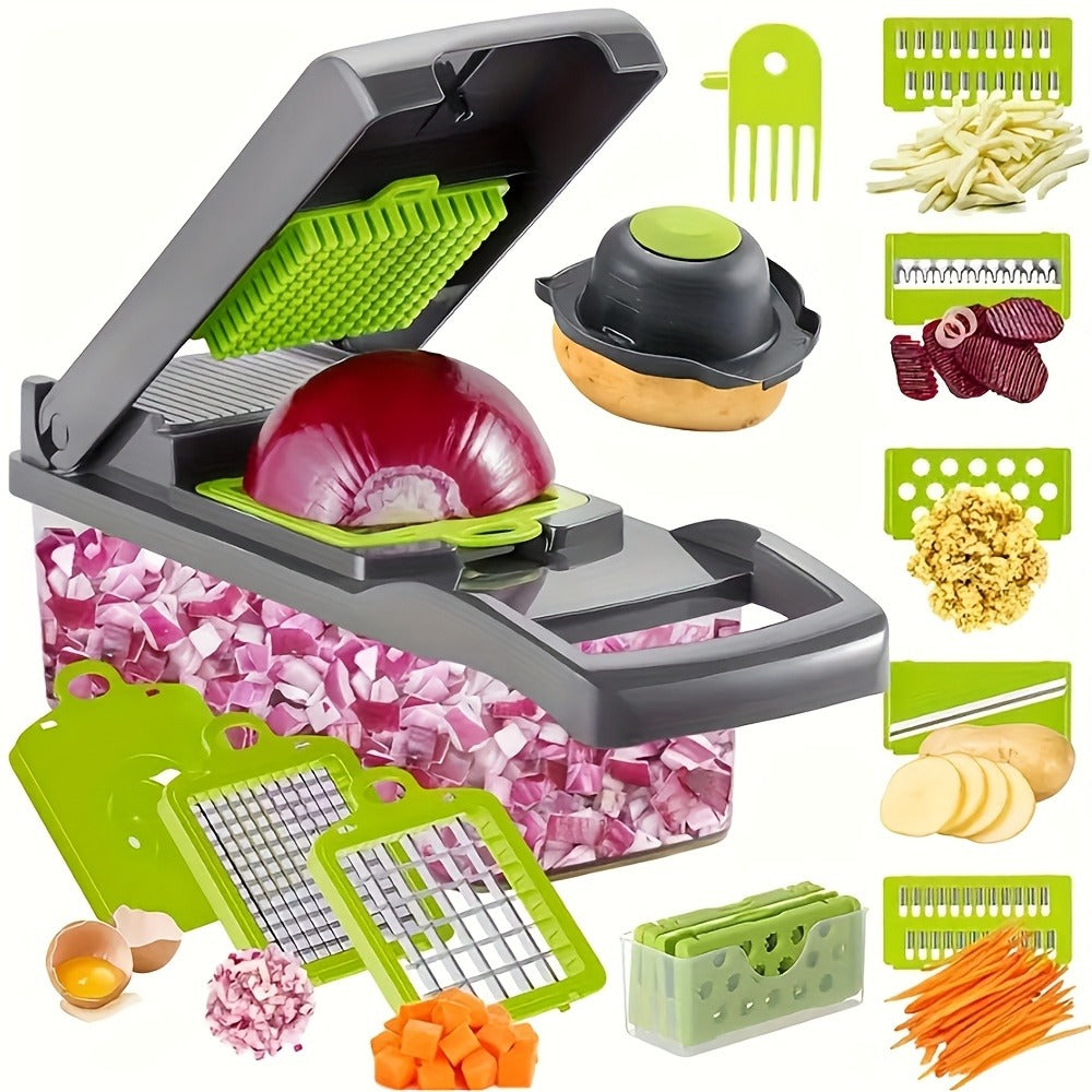 Vegetable Chopper 16-in-1 Manual Food Chopper Set ¨C 8 Stainless Steel Blades, 304 Container, Peeler & Filter | Onion, Garlic & Carrot Slicer Dicer | Professional Kitchen Meal Prep Tool