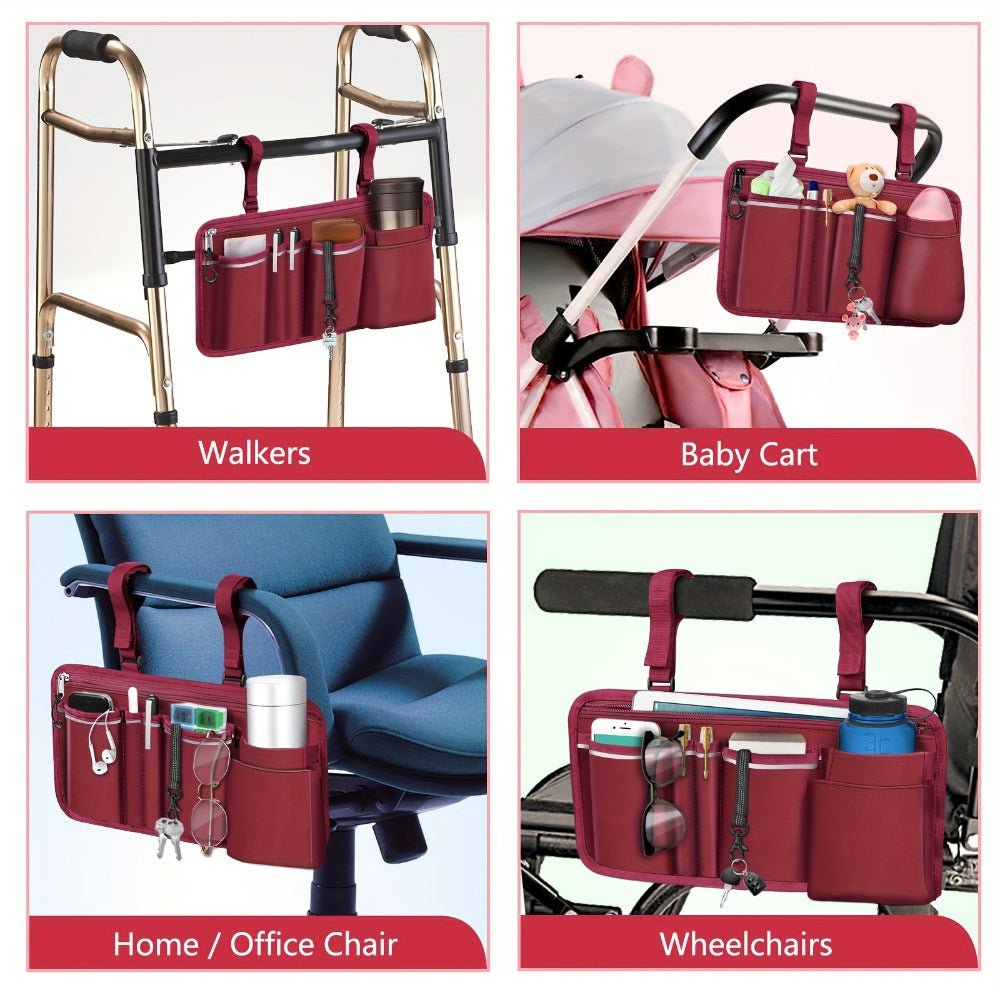 Wheelchair Bag Side Storage with Cup Holder Reflective Strips 8 Pockets 14x7.5 Inch for Electric Power Wheelchairs Walkers Rollators Accessories for Seniors