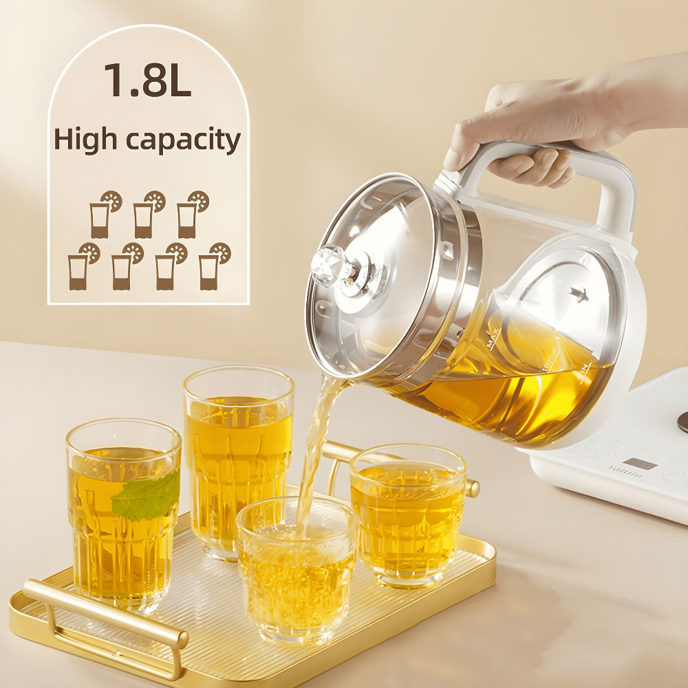 Multifunctional Electric Kettle 1.8L ¨C Thick Glass Health Kettle with 18 Smart Functions, Boil Water, Make Coffee, Cook Porridge & Steam Eggs, Removable Filter, Tea Set Included, US Plug ¨C White