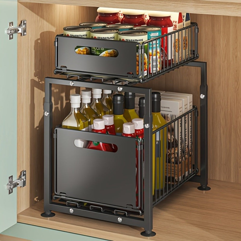Under Sink Organizer 2-Tier Pull Out - Adjustable Height Carbon Steel Cabinet Storage Shelf for Kitchen and Bathroom, Space Saving Sliding Drawer Rack for Cleaning Supplies Pots and Toiletries, Heavy Duty Under Cabinet Organizer Available in 1 or 2 Pack