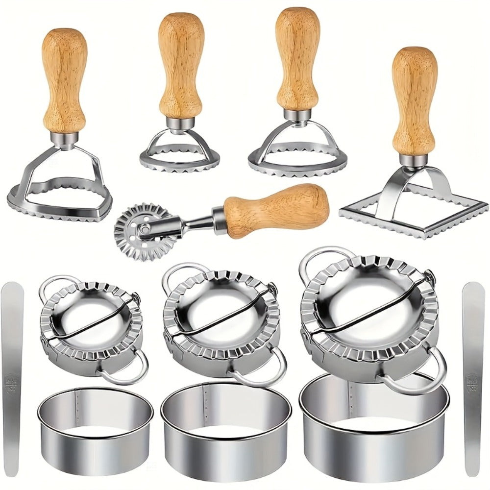 13PCS Dumpling Maker Set - Stainless Steel Ravioli Pierogi Cutter Tools with Wooden Handles