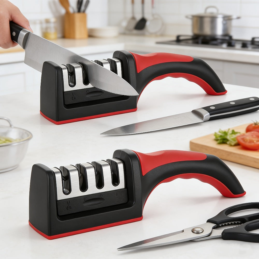4-in-1 Knife Sharpener with Scissors Sharpener | Stainless Steel, Anti-Slip Handle, Professional Knife Sharpening Kit
