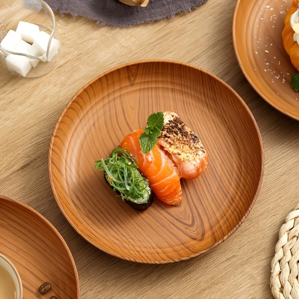 Wood Grain Plastic Dinner Plates Set of 10 - 7.8 Inch Salad Serving Plates for Kitchen Dining Table