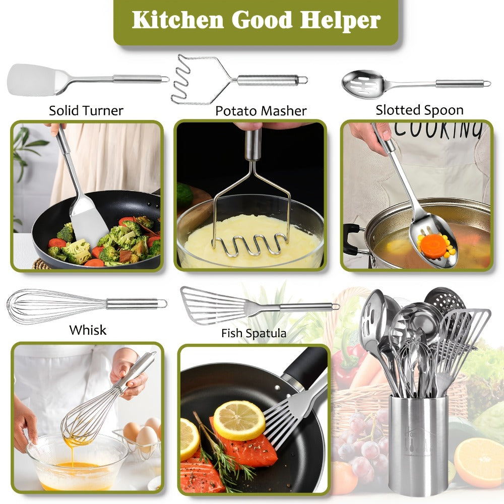 Stainless Steel Kitchen Utensils Set 12 Piece with Holder ¨C Heat Resistant Cooking Utensils, Spatula, Ladle, Tongs, Whisk, Skimmer, Potato Masher, Slotted Spoon