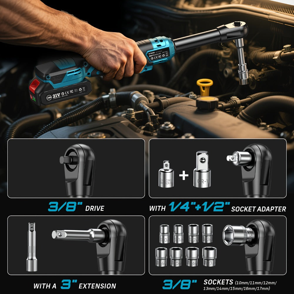 21V Power Ratchet Wrench Set 3/8'' Drive, 59 Ft-lbs 400 RPM Cordless Electric Ratchet, Variable Speed Trigger, 2x 2.0Ah Batteries & Charger, 8 Sockets, 3'' Extension Bar, 1/4'' & 1/2'' Adapter Included