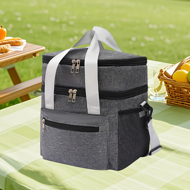Insulated Lunch Bag Large Double Layer Leakproof Cooler Tote Bag with Adjustable Crossbody Strap for Men Women Office Picnic Travel Camping in Black Grey Burgundy Blue