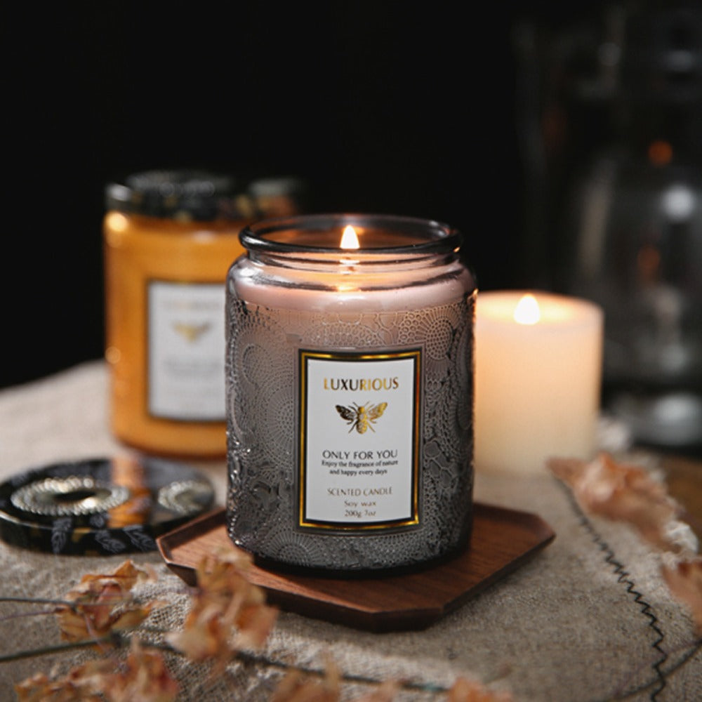 Scented Candle in Relief Glass Cup ¨C Aromatherapy Home Fragrance with Crystal Embellishment, Single Wick, Multiple Scents ¨C Jasmine, Tuberose, Amber, Sage & More