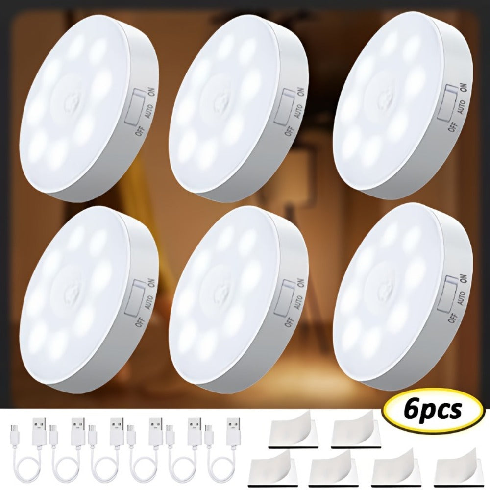 Motion Sensor Night Light 6 Pack Wireless Rechargeable 1000mAh - LED Step Lights with Motion & Light Sensor, Polished Plastic Sconce PVC Shade, Safe Night Lighting for Staircase Bedroom Cabinet Hallway