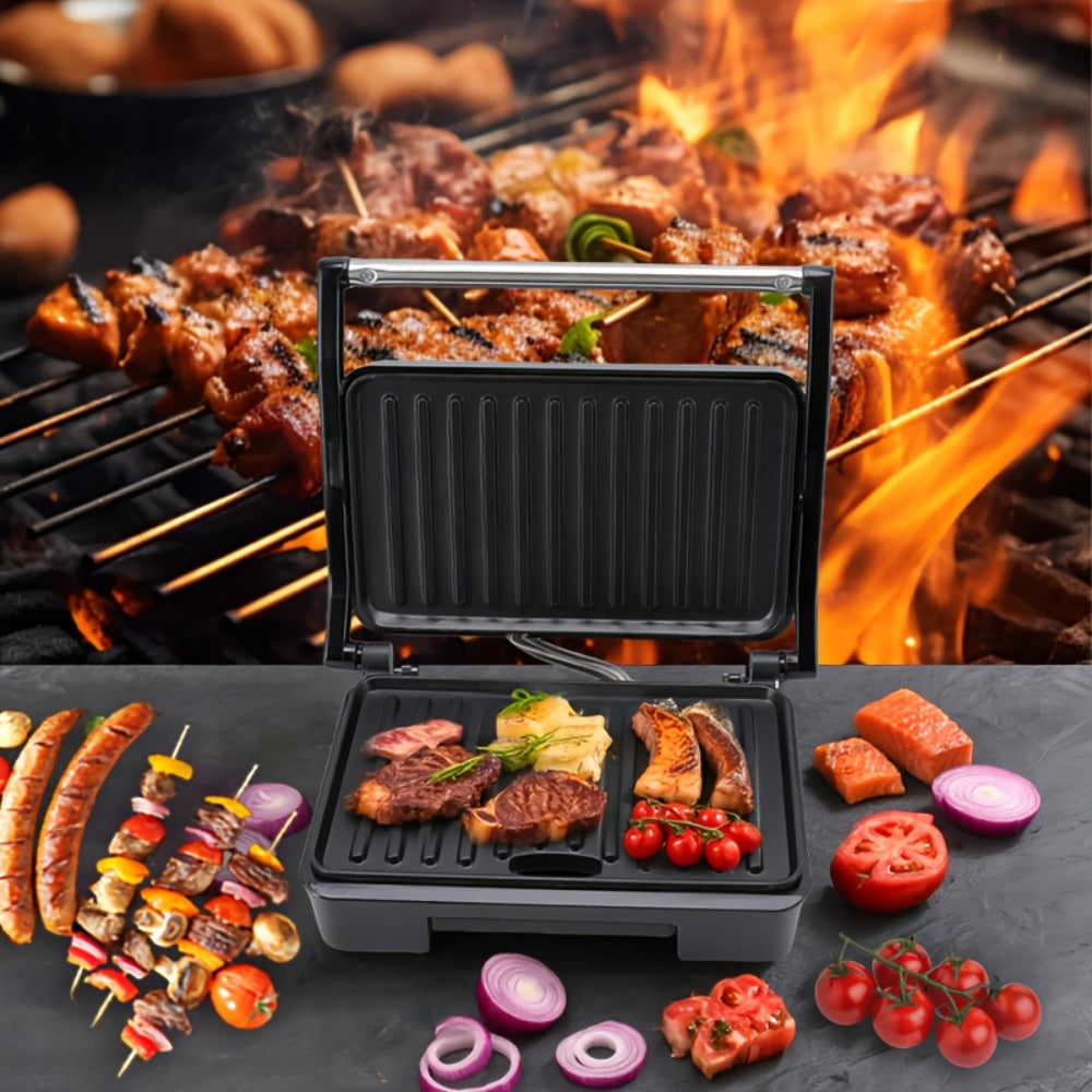 Electric Panini Press Grill Double-Sided Heating Sandwich Maker Waffle Iron Steak Grill Indoor Barbecue Machine for Panini Toasts Burgers Sausages Quick Meals Home Kitchen
