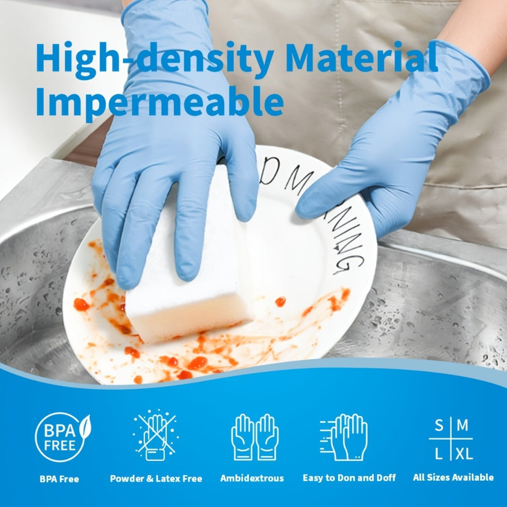 Blue Nitrile Disposable Gloves 5.5 Mil, Bulk Pack 101/201/501/1000 Count, Latex-Free Powder-Free Chemical Resistant Elastic Fit, for Household Cleaning, Tattooing, Painting, Car Washing & Maintenance
