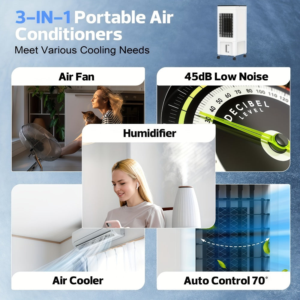 Portable Air Conditioner Evaporative Air Cooler with Remote, 40Hrs Cooling, 2.6 Gal Tank, 3 Speeds, Windowless AC Unit for Room, Personal Space Cooler Fast Cooling