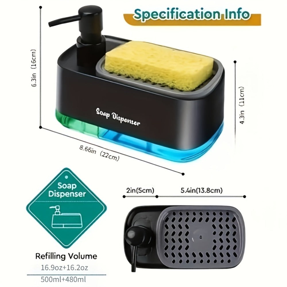 Soap Dispenser with Sponge Holder 2-in-1 - Countertop Dish Soap Pump Dispenser and Sponge Caddy for Kitchen Sink, Multi-Functional Detergent Dispenser with Built-In Sponge Holder, Available in White and Black Upgraded Version