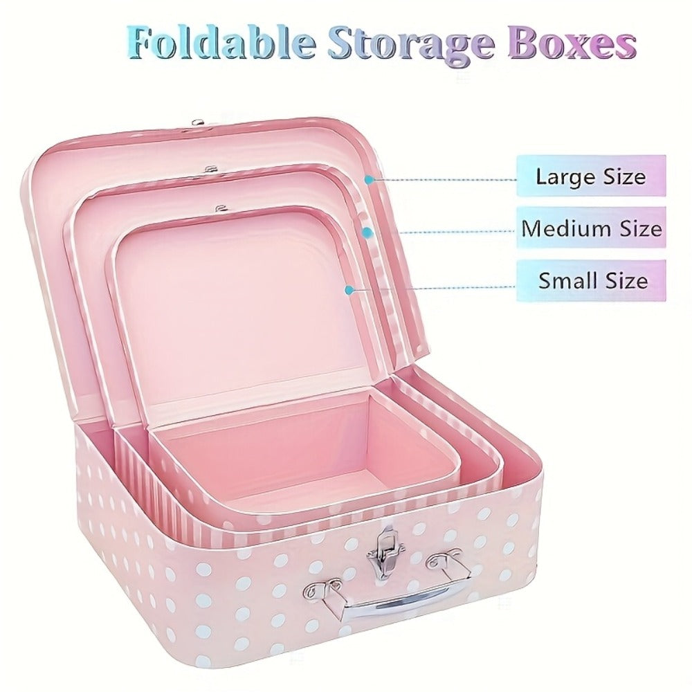 Vintage Cardboard Suitcase Set of 3 with Polka Dot Design & Lid - Decorative Storage Boxes for Wedding Party Favors Souvenirs Photos, Valentine Anniversary Christmas Gift Box