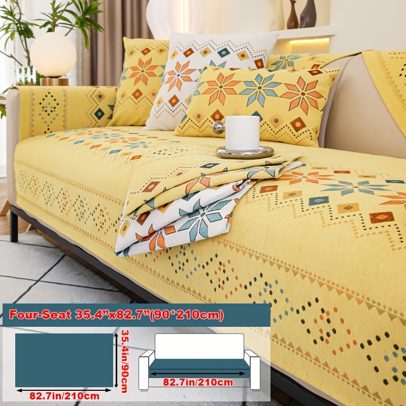 Chenille Sofa Cover Bohemian Style Jacquard Knit Anti-Slip Pet Friendly All Season Sofa Mat Protector - Single 2 3 4 Seater Armrest Backrest Pillow Case Grey White Yellow