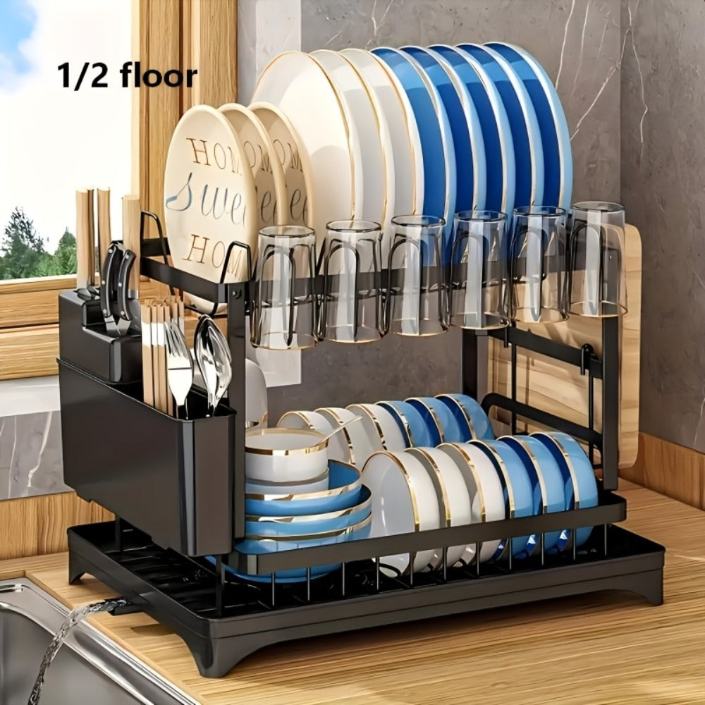 Dish Drying Rack 2 Tier with Drainboard for Kitchen Counter Metal Dish Drainer with Utensil Holder Cups Organizer Space Saving Kitchen Drying Rack Black White
