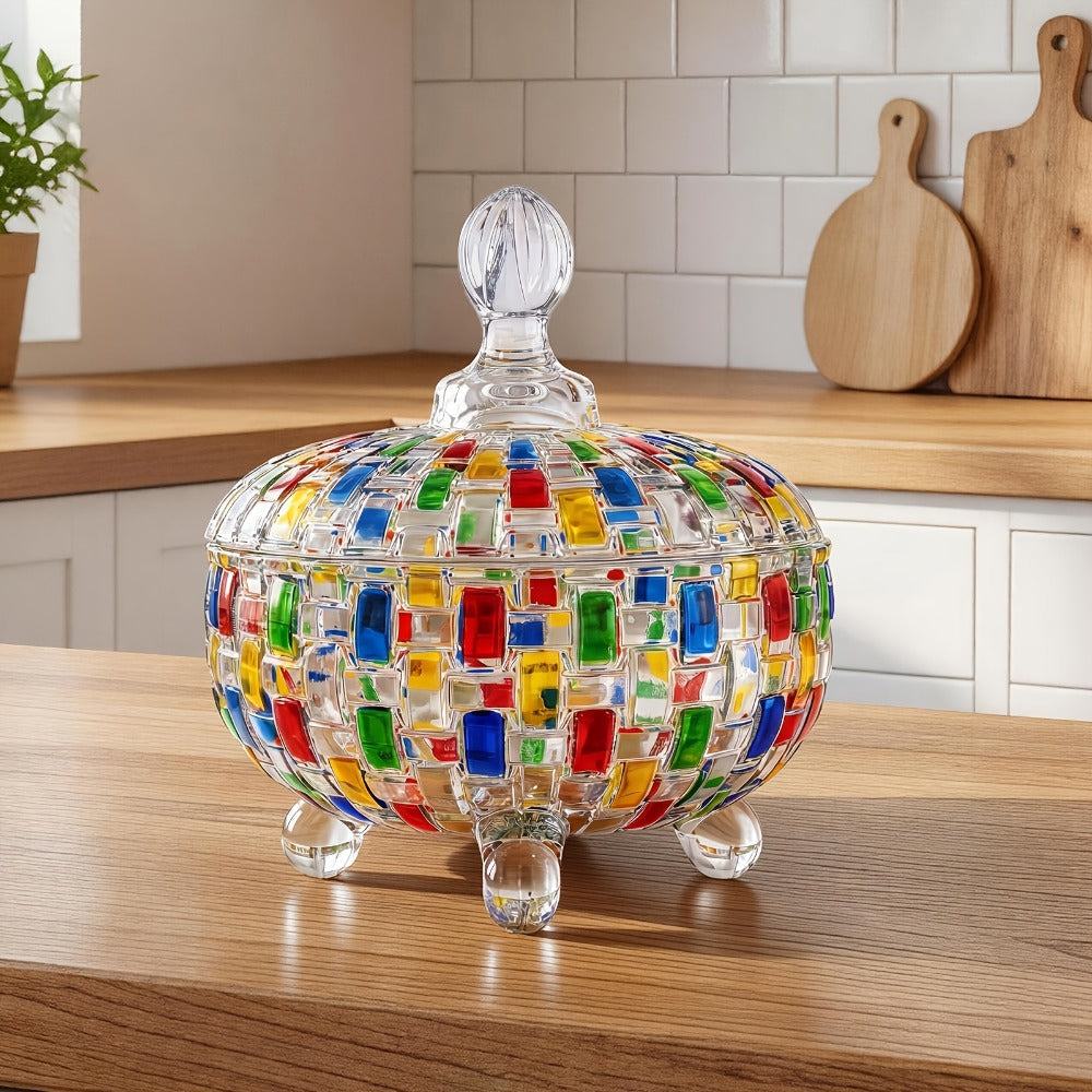 Crystal Glass Candy Dish with Lid & Tongs ¨C Hand-Painted Colorful Candy Box, Jewelry Storage Jar, Christmas Gift for Family & Friends | Elegant Candy Server