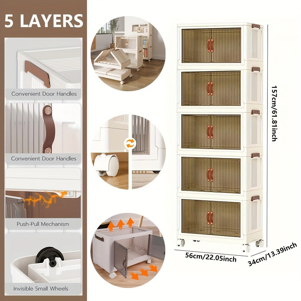 Plastic Storage Box with Wheels and Door Foldable - Large Capacity Rolling Storage Container with Layers for Bedroom, Kitchen, Living Room, Closet Organizer, 56CM Wide